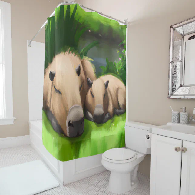 Cute Funny Napping Capybaras by the Pond Shower Curtain
