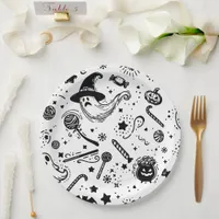 Halloween Black And White Spooky Line Art Birthday Paper Plates