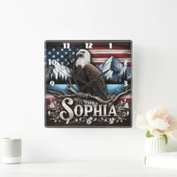 Eagle on Branch With Mountains & Flag Square Wall Clock