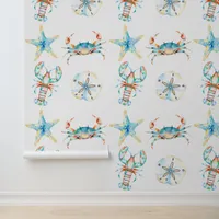 Beachy Blue Crab, Lobster, Starfish, Sand Dollar Wallpaper