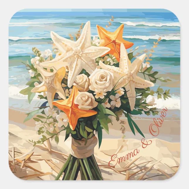 Beach Wedding Starfish Bouquet Square Stickers