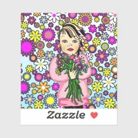 Pretty Whimsical Folk Art Girl Holding Flowers Sticker