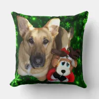 German Shepherd, Toy Reindeer, Green Snowflakes Throw Pillow