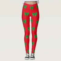 Fun Red and Green Bow Christmas Leggings