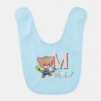  Sweet Teddy Bear with Bird Blue Baby Bib