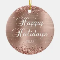 Glittery Rose Gold Foil Happy Holidays Photo Ceramic Ornament