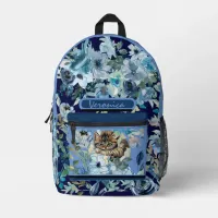 Dark Blue Floral  with a cat  Printed Backpack
