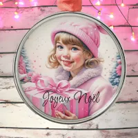 Vintage Pink Little Girl Christmas Joyeux Noël Metal Ornament