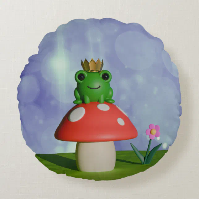 Cute Cartoon Frog Wearing a Crown on a Mushroom Round Pillow