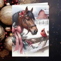 Brown Christmas Horse and Cardinal Personalized Holiday Card