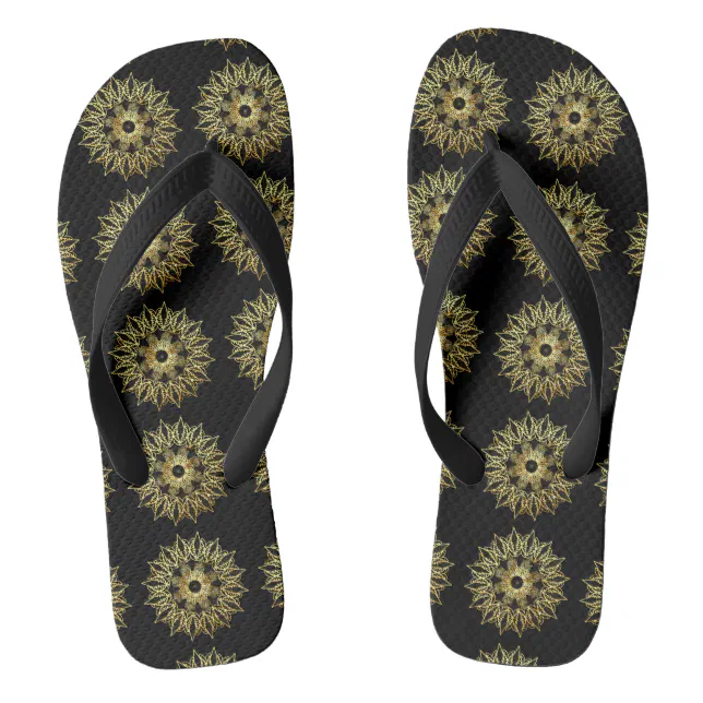 Golden Mandala with black background Flip Flops