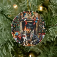 Festive decorated room, fireplace, cats, vintage ceramic ornament