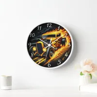 Classic hot rod roaring through a fiery landscape clock