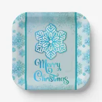 Merry Christmas Snowflakes Iridescent Blue  Paper Plates