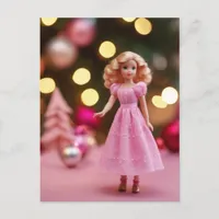 Cute Blond Pink Retro Christmas Doll Postcard