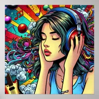 Girl Listening to Music on Headphones Psychedelic Poster