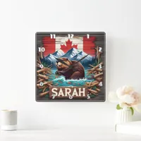 Beaver, Mountain, Flag, Blue Ocean Square Wall Clock