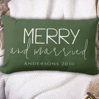 Modern Merry And Married First Christmas Green Lumbar Pillow