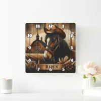 Western Horse With Cowboy Hat Beside Barn Sunset Square Wall Clock