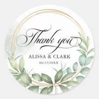 Modern Greenery And Gold Thank You Classic Round Sticker