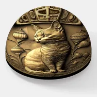 Gold Sitting Cat Medallion Paperweight