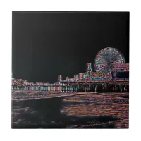 Stained Glass Santa Monica Pier Dark Ceramic Tile