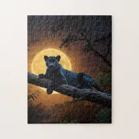 Cute Black Pantha laying on a Tree Branch Red Moon Jigsaw Puzzle