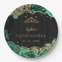 Vintage Green Roses Black Gold Lace Quincea&#241;era Paper Plates