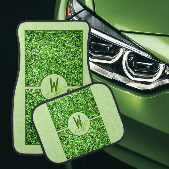 Elegant Green Glitter Monogrammed  Car Floor Mat