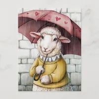 Cute Sheep in Yellow Sweater With Umbrella Postcard