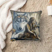 Native American Woman Sitting by Water With Wolf Throw Pillow