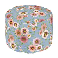 Pink Daisies Pretty Floral Pattern on Blue Pouf