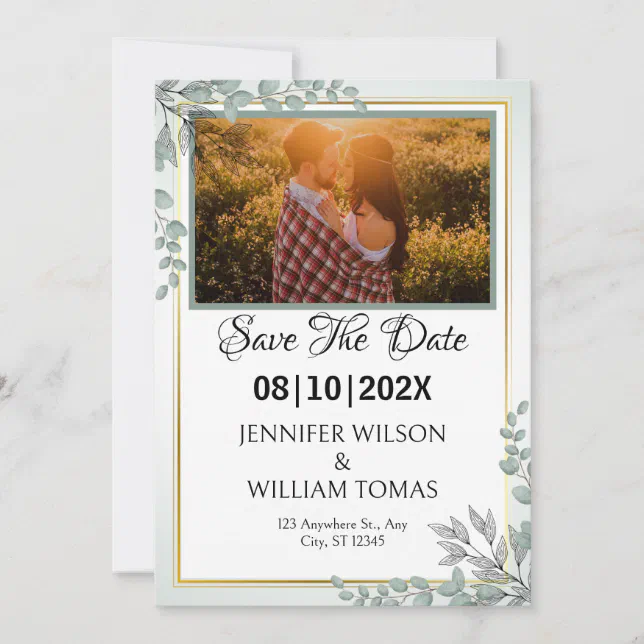 Green Gold Elegant Borders Photo Chic Engagement Save The Date