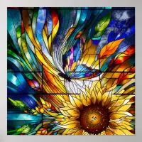 Stained Glass with Sunflower and Butterfly  Poster