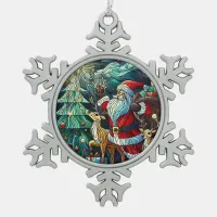 Santa Claus and His Reindeer Bearing Gifts Snowflake Pewter Christmas Ornament