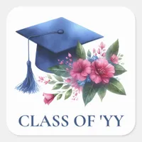 Blue Grad Cap and Pink Flowers Graduate Envelope Square Sticker