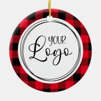 Red Buffalo Plaid Happy Holidays Business Logo Ceramic Ornament