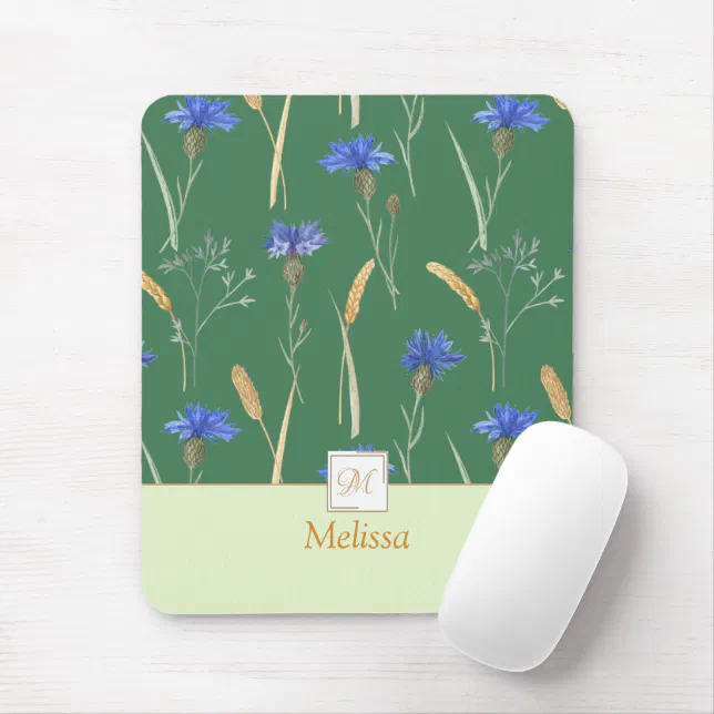 Green Floral Wildflower Monogram Mouse Pad