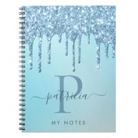 Glam Blue Glitter Drips Elegant Monogram Notebook