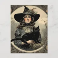 Retro Halloween Witch and Black Cat Postcard