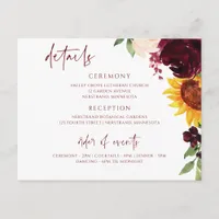 Fall Wedding Sunflowers & Burgundy Roses Details Enclosure Card