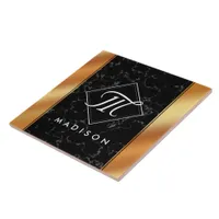 Elegant Black Marble & Copper Foil Script Monogram Ceramic Tile