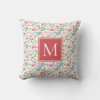 Colorful Boho Spring Garden Flowers Monogram Throw Pillow