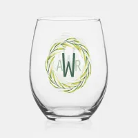 Watercolor Greenery Frame Monogram ID667 Stemless Wine Glass