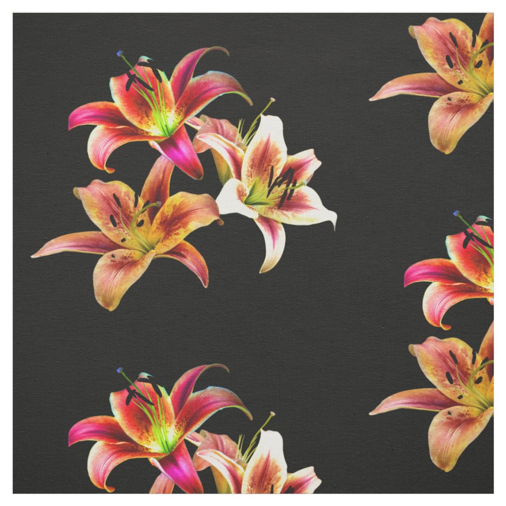 Elegant Trio of Yellow Pink Daylilies Floral Fabric