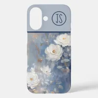 White Roses on Blue Background Monogrammed iPhone 16 Case