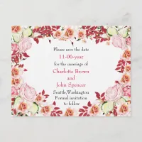 Heart Frame Coral Pink Roses Wedding Announcement Postcard