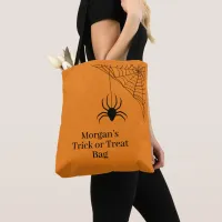 Custom Orange Halloween Spider Web Trick or Treat Tote Bag