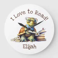 I Love to Read with Cute Baby Turtle Large Clock