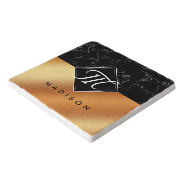 Elegant Black Marble & Copper Foil Script Monogram Trivet